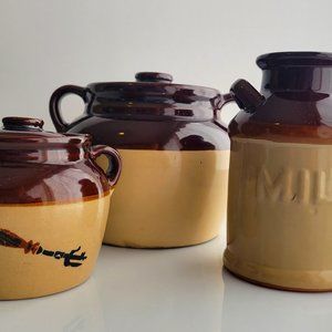 Set of 3 Vintage Ceramic Stonewear Canisters - Flour, Sugar, Coffee Canisters